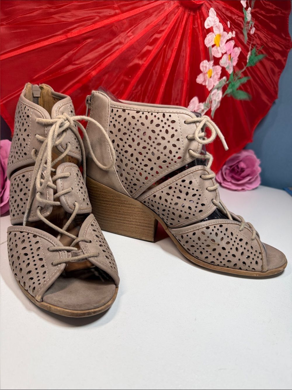 Qupid Taupe Perforated Lace-Up Block Heel Ankle Boots